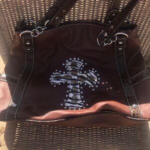 Studded Cross Accent Brown Tote Bag
